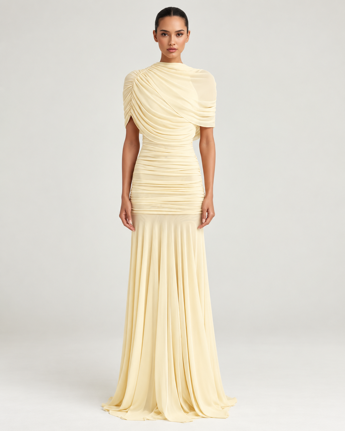 Enilty Yellow Mesh Ruched Maxi Dress