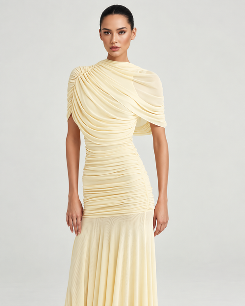 Enilty Yellow Mesh Ruched Maxi Dress