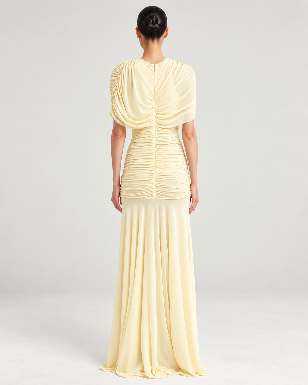 Enilty Yellow Mesh Ruched Maxi Dress
