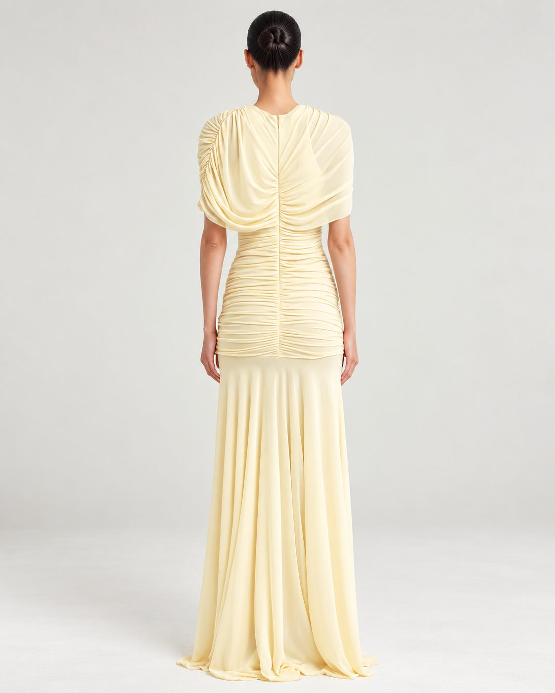 Enilty Yellow Mesh Ruched Maxi Dress