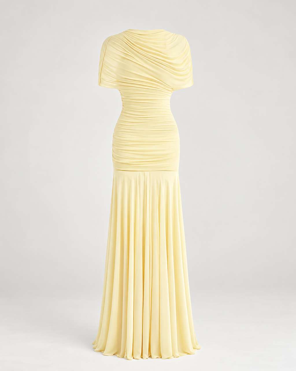Enilty Yellow Mesh Ruched Maxi Dress