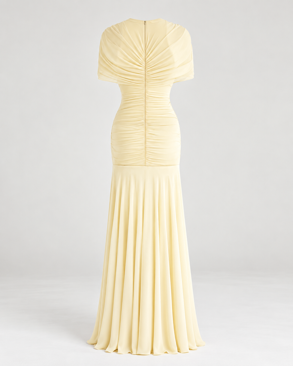 Enilty Yellow Mesh Ruched Maxi Dress