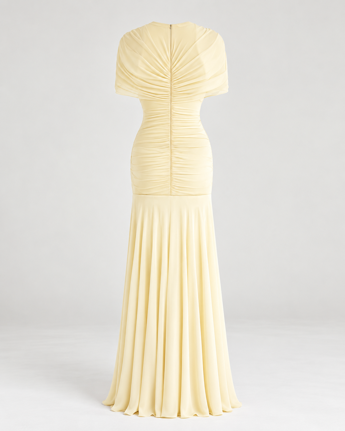 Enilty Yellow Mesh Ruched Maxi Dress