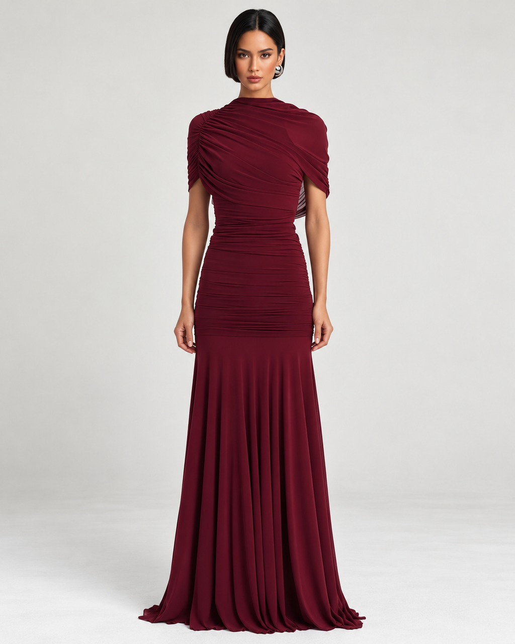 Vrden Red Mesh Ruched Maxi Dress