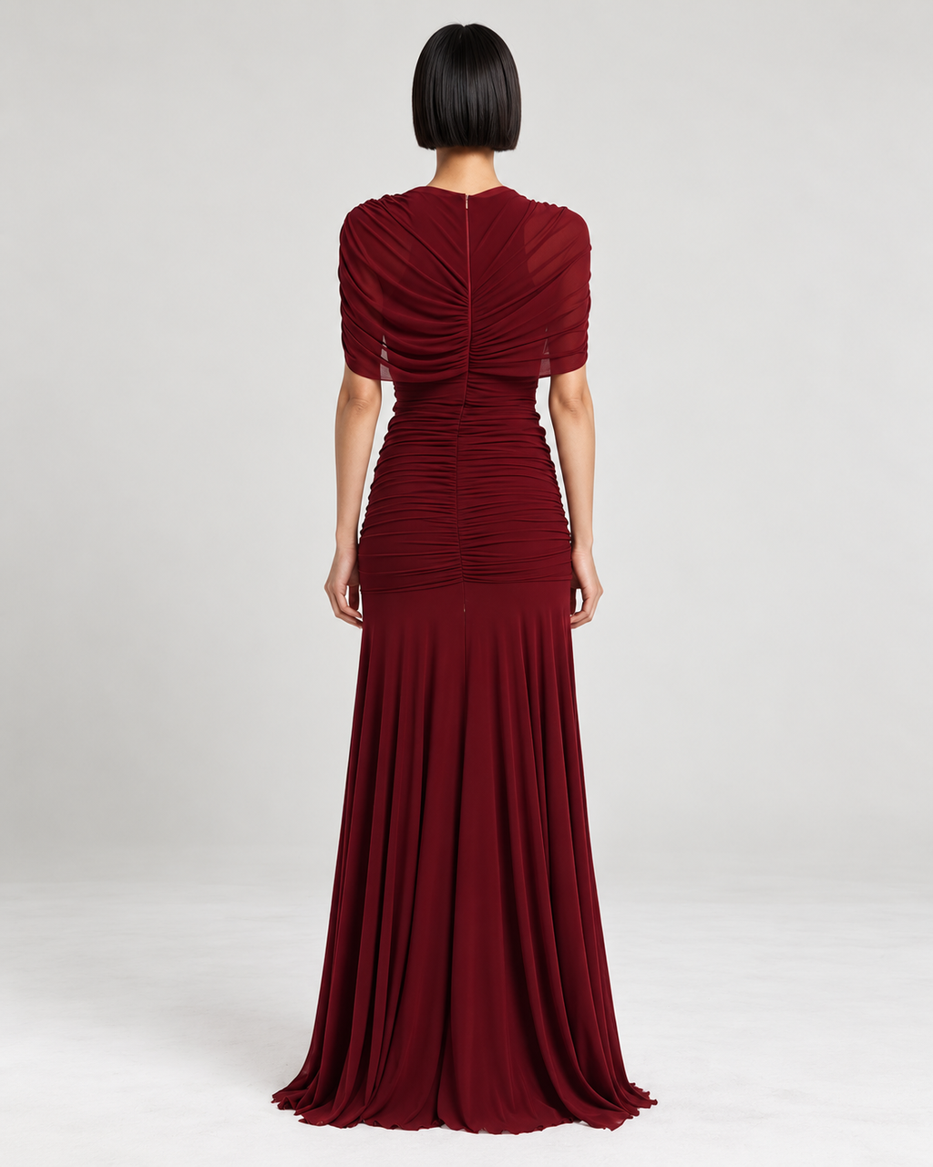 Vrden Red Mesh Ruched Maxi Dress