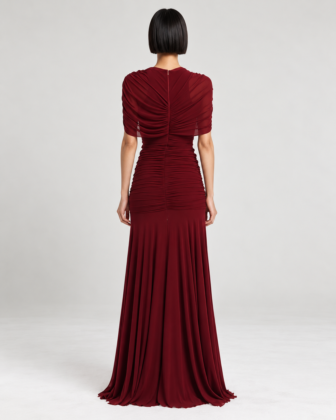 Vrden Red Mesh Ruched Maxi Dress