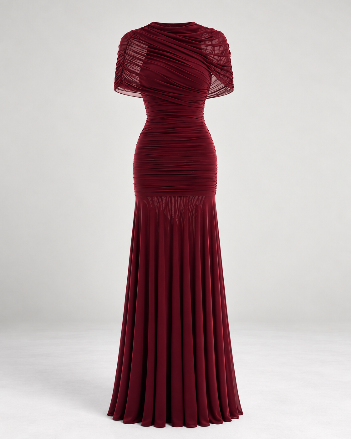 Vrden Red Mesh Ruched Maxi Dress
