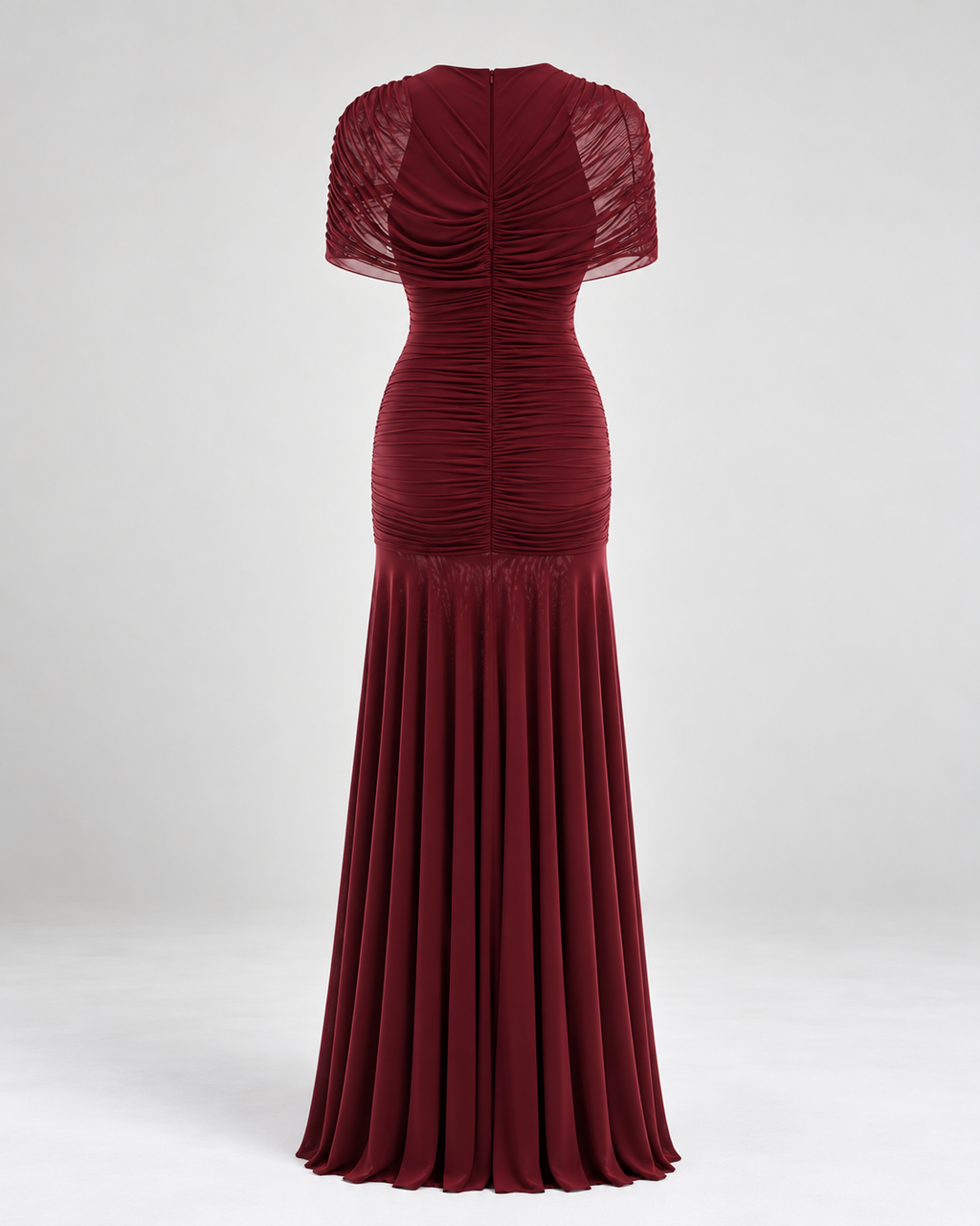 Vrden Red Mesh Ruched Maxi Dress