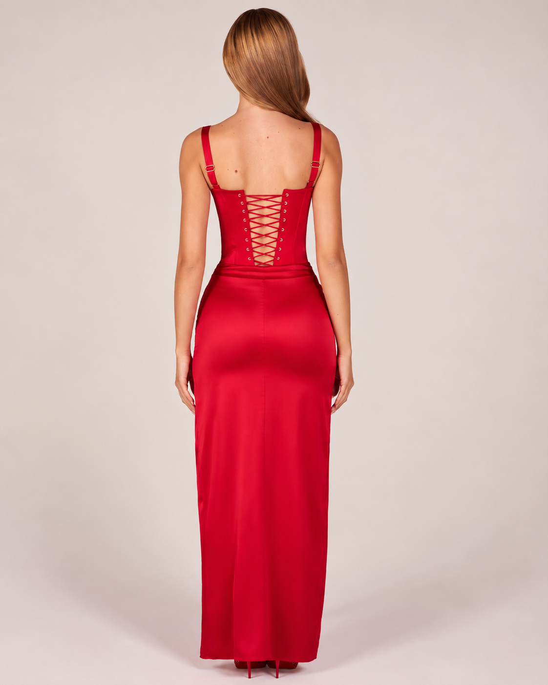Corseted Thigh-High Split Maxi Dress in Rose Red