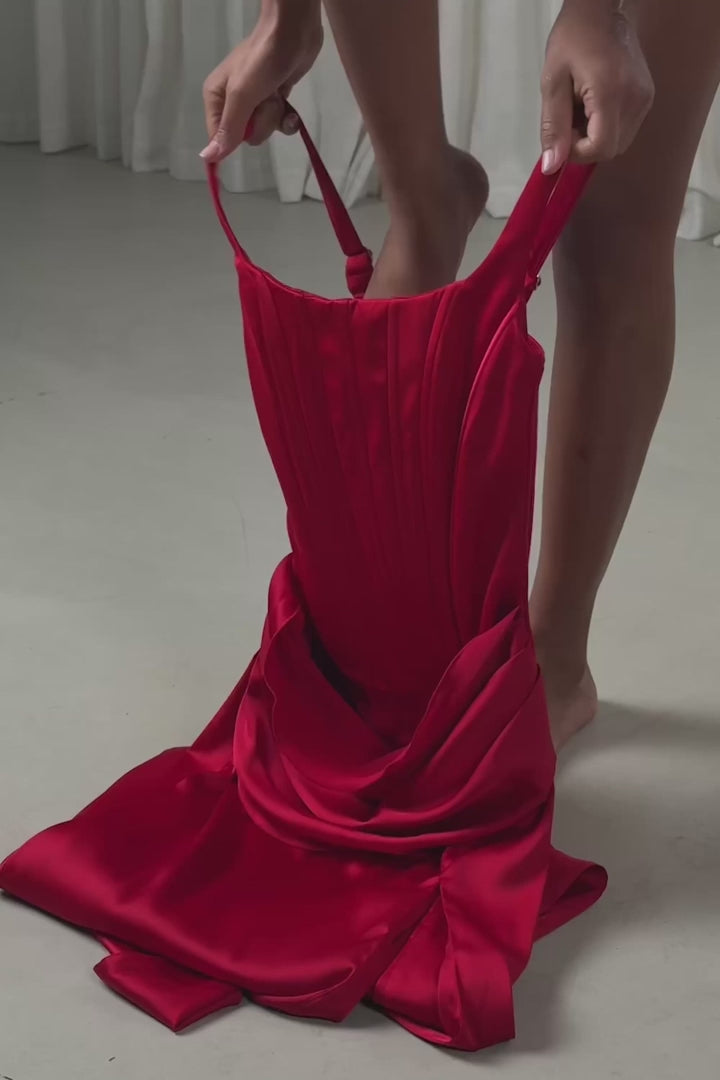 Corseted Thigh-High Split Maxi Dress in Rose Red
